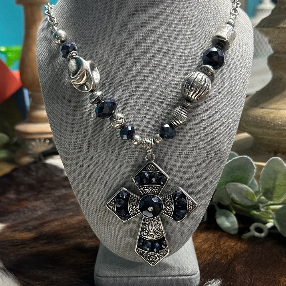 Intricate Silver and navyCross Pendant Necklace western boho